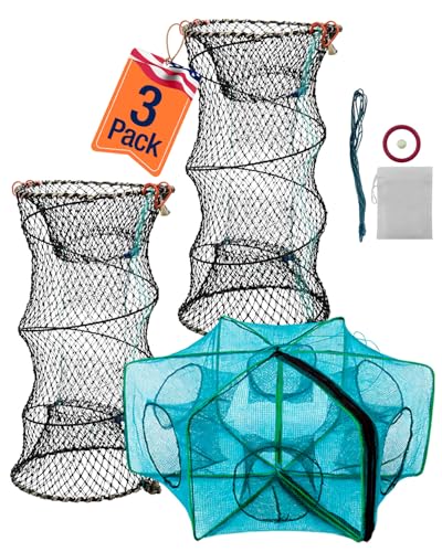 3 Pack Collapsible Hexagon Crab Trap, Cylindrical Crawfish & Bait Trap 12"x21" with 1" Entry Holes, Lobster Shrimp Minnow Net, Portable Foldable Galvanized Steel Traps