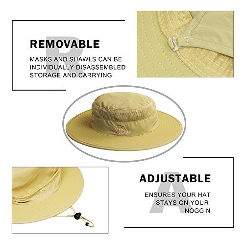 YR.Lover Outdoor UV Sun Protection Wide Brim Fishing Cap with Removable Flap - color: Khaki