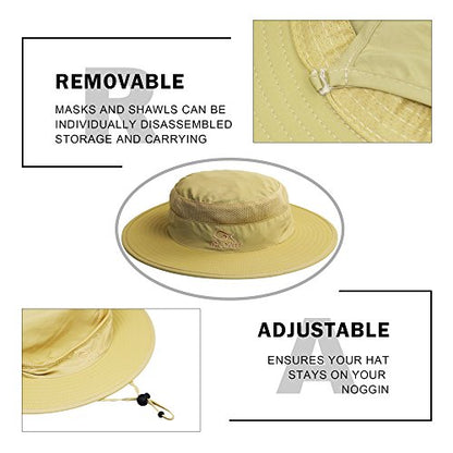 YR.Lover Outdoor UV Sun Protection Wide Brim Fishing Cap with Removable Flap - color: Khaki