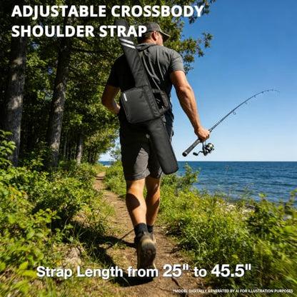 PEKREWS Fishing Rod Case, 52inch Fishing Pole Bag (3.9ft-4.4ft) with Tackle Pockets, Fits Break-Down Spinning Rod Reel Combo, Padded Soft Rod Bag with Strap Handle, Pole Travel Case For Angler - color: Black