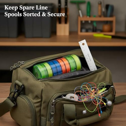 Fishing Line Spool Organizer Box, Durable PP Plastic Storage Case with Silicone Holders for Braid, Mono, and Fluoro Spools - size: 5 x 2.44 x 5 in