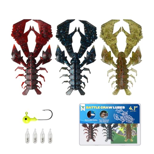 4.1" Crawfish Lure for Bass Fishing, Soft Plastic Craw Bait Kit with Removable Rattles & Jig Head, Reusable Bait Box for Freshwater Bass - color: blue, red, green