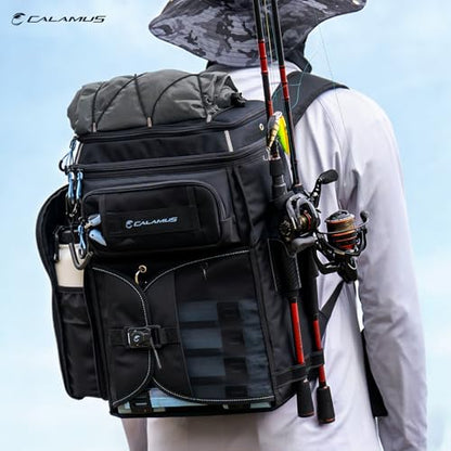 Calamus GearMaster Tackle Backpack with Bait Binder, Large Lightweight Water-Resistant Fishing Bag, Rod Holders, Food Storage - color: Black