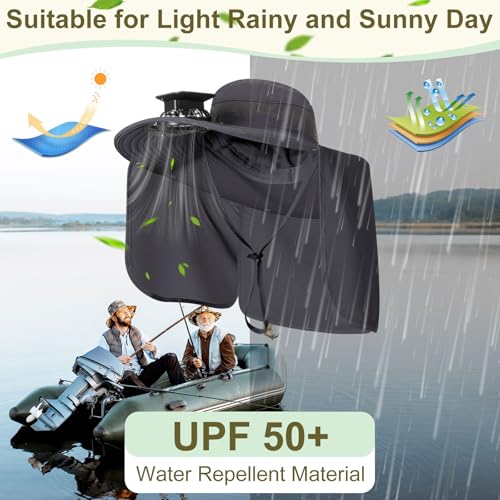 Maiteenly 2 Pcs Solar Fan Hat for Men with Neck Flap Bucket Fan Buit in Hats for Hiking Fishing Outdoor USB and Solar Powered - color: Gray,black