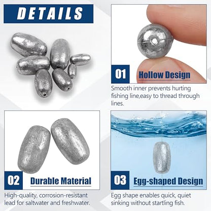 Egg Sinker Fishing Weights,10/20pcs Bass Casting Worm Weights Sinkers Oval Shape Bottom Fishing Tackles for Saltwater Freshwater - size: 1/8oz-20pcs