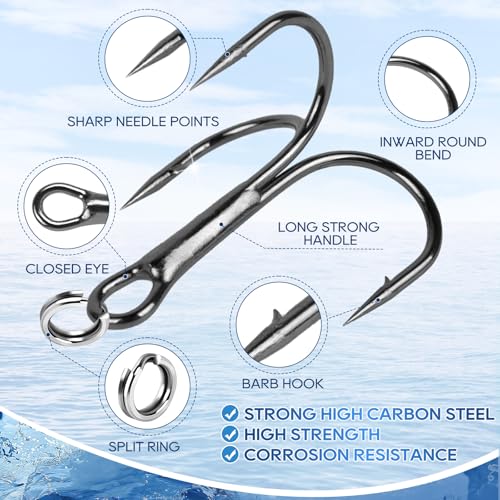 UCEC Fishing Hooks Treble Hooks Kit for Saltwater Freshwater, High Carbon Steel Strong Sharp Round Bend for Catfish Trout Hard Baits Lures, Size #1#2#4#6#8#10#12#14 110/50/210 Pack with Split Rings - style: 100pcs Split Rings & 110pcs Silver Hooks, #1 #2
