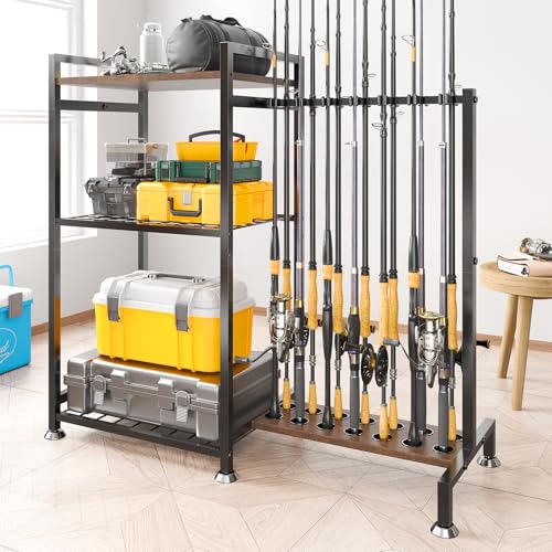 SOYEEZE Fishing Rod Holder for 14 Rods, Ground Stand Fishing Pole Holders for Garage, 2-Sided Vertical Fish Rod Rack for Tackle Box, Fishing Supplies,a Display Fish Gear Storage Gift for Man - color: Black-14 Rods, size: 14 Rods