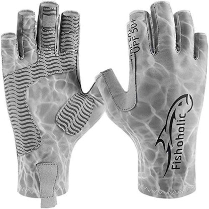 Fishoholic UPF50+ Fingerless Fishing Gloves - Sticky Grip Sun Protection Glove - Kayaking Paddling or Rowing - color: Grey H2O Camo, size: L / XL