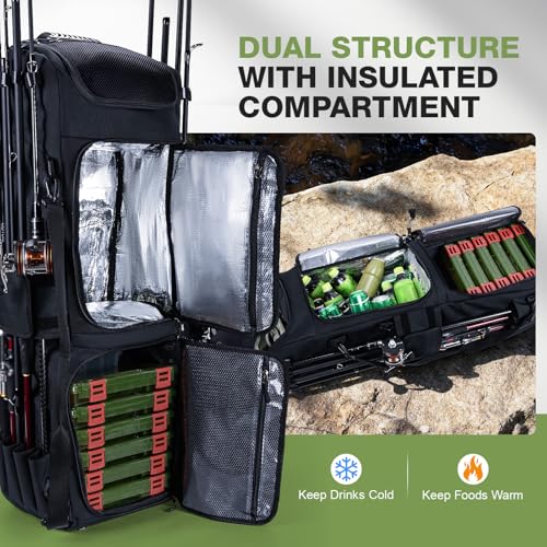 Goture 61L Large Fishing Backpack Tackle Bag, 3-Layer with 6 Tackle Boxes Included - color: A2:116L Black (with 6 Tackle Boxes)