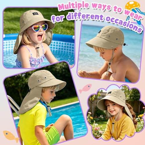 Kids Sun Hat with Detachable Neck Flap for Boys & Girls Wide Brim Fishing Hat for Kids Water Resistant UV Protection - color: 1 Pack-khaki