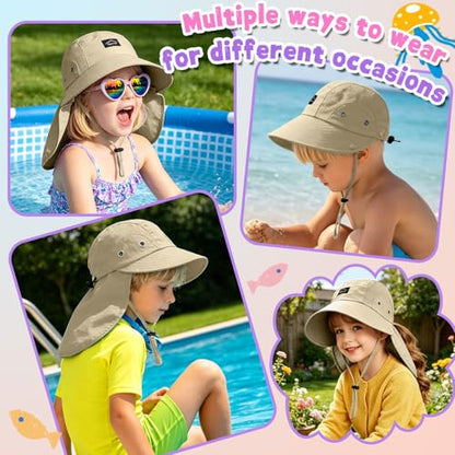 Kids Sun Hat with Detachable Neck Flap for Boys & Girls Wide Brim Fishing Hat for Kids Water Resistant UV Protection - color: 1 Pack-khaki