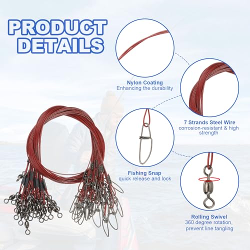 PATIKIL Fishing Wire Leader Line Steel Heavy Saltwater Fishing Leader Line High Strength with Rolling Swivel and Snap - color: Red