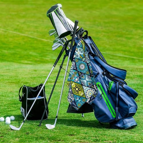 Blue Mandala Pattern Golf Towel for Golf's Bags Cart Rhombus Shapes Golf Towels with Clip Colorful Geometric Waffle Towels Bohemian Checkered Cleaning Cloth 2 Packs for Men, Birthday Present - color: Blue Green