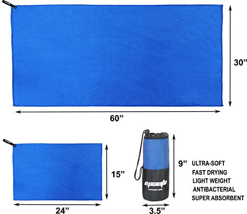 EPAuto 2-Pack Microfiber Quick Dry Travel Towel Set, Blue | Lightweight, Super Absorbent, Compact, 60"x30" & 24"x15", for Gym/Camping/Beach/Yoga/Backpacking - color: Blue