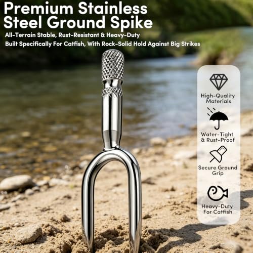 Catfish Rod Holder, Stainless Steel 360° Adjustable & Detachable Fishing Pole Holder for Bank, Boat, Beach, Shore & Ground, Gift for Men