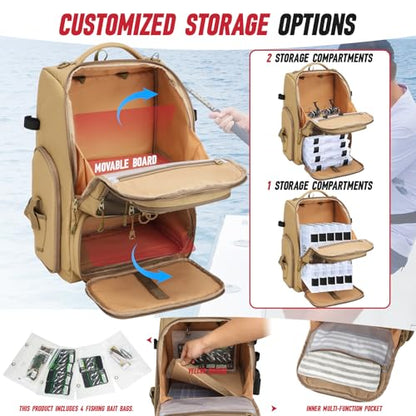Fishing Tackle Backpack, 40L Tackle Bag with 2 Rod Holders & 4 Tackle Boxes,Water-Resistant Large Storage Fishing Gear and Equipment, Fisher Gifts for Men, Khaki - color: B-Khaki with 4 Tackle Boxes