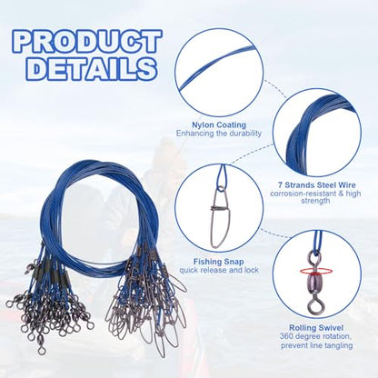 PATIKIL Fishing Wire Leader Line Steel Heavy Saltwater Fishing Leader Line High Strength with Rolling Swivel and Snap - color: Blue