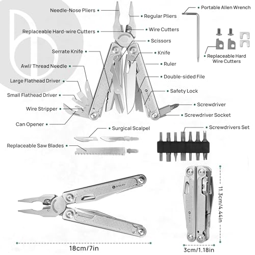BIBURY Multitool Pliers Pro BI2049, EDC Multi Tool with 90HRA Replaceable YG12 Tungsten Wire Cutters, 440A Knife, T-Shank Wood Saw & Scissors, EDC Gear for Camping Hiking, Fathers Day Gift for Men - color: Silvery