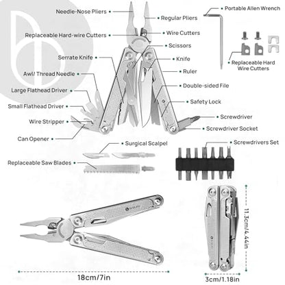 BIBURY Multitool Pliers Pro BI2049, EDC Multi Tool with 90HRA Replaceable YG12 Tungsten Wire Cutters, 440A Knife, T-Shank Wood Saw & Scissors, EDC Gear for Camping Hiking, Fathers Day Gift for Men - color: Silvery