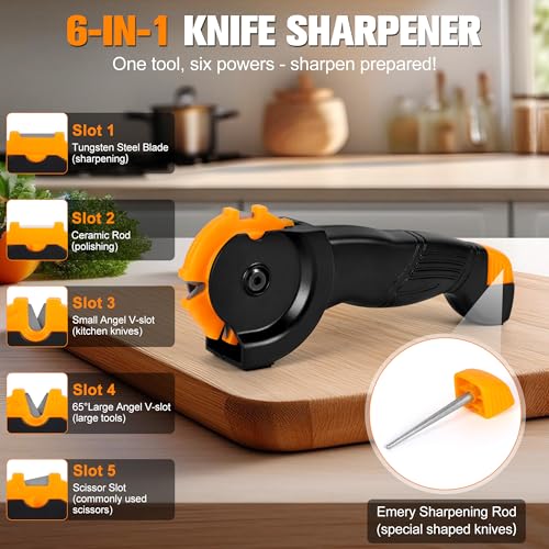 KimPump 6-in-1 Garden Tool & Kitchen Knife Sharpener with Ceramic, Professional Knives Sharpener for Sharpens & Polishes Blades, Lawn Mower Blades, Axe, & Scissors Sharpening Tool with Non-Slip Grip