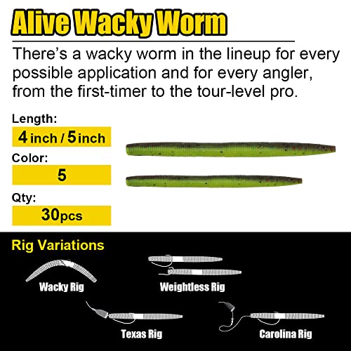 Wacky-Worms-Bass-Fishing-Lure-Kit-Wacky-Rig-Worms-Soft-Plastic-Stick-Baits3 4" 5" 6 inch - color: 4 inch 30 pcs