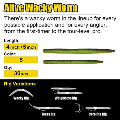 Wacky-Worms-Bass-Fishing-Lure-Kit-Wacky-Rig-Worms-Soft-Plastic-Stick-Baits3 4" 5" 6 inch - color: 5 inch 30 pcs