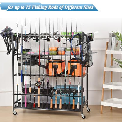 Fishing Rod Holder for Garage, Fishing Pole Holders for 15 Rods 38 * 17", Fishing Rod Rack Basement, Fishing Pole Rack Metal Black with Big Wheels, 4-Tier