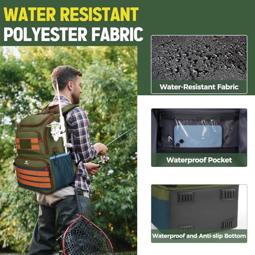 MATEIN Fishing Backpack Tackle Box, Tackle Backpack with Cooler for Men | Tackle Box Backpack, Fishing Bag with Rod Holders, Hold 4 3600 Tackle Boxes, Water Resistant, Gear Accessories, Fishing Gifts - color: Green & Orange & Blue