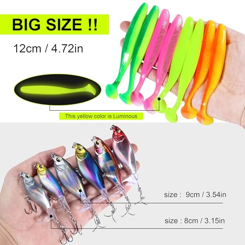 100 Pcs Fishing Lures Ploppers Equipment Tackle Gear Box for Bass, Floating Rotating Tail, Hard Fish Kit with Soft Lure,Hooks, Accessories Tools,Plastic Bait, Swimbait
