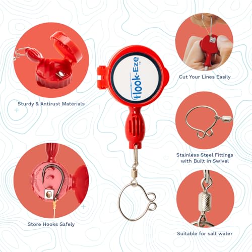 HOOK-EZE Fishing Knot Tying Tool - Large Model - Red, 8 Essential Fishing Knots, Fly Fishing Zinger Retractor