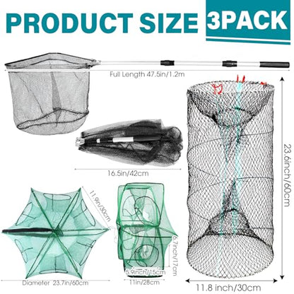 Windyun 3 Pcs Foldable Fishing Net Landing Net with Telescoping Pole Handle Collapsible Crab Trap Hexagon Fishing Bait Trap with Rope and Lure Bag for Crab Crayfish Shrimp - color: Gray Green