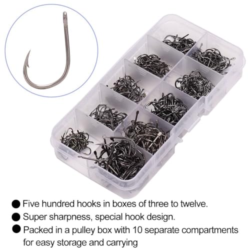 500Pcs Fishing Hooks Set – High Carbon Steel Sharpened Barbed Circle Hooks in Assorted Sizes 3 to 12 for Freshwater and Saltwater Fishing - size: 1#-with Holes