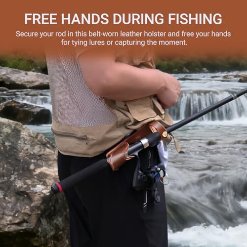 Brown Leather Fishing Rod Holster | Single Slot Belt Mount Carrier for Surf Fishing & Wading | Hands-Free Compatible with Fly Reels and Spinning Reels - color: Dark Brown