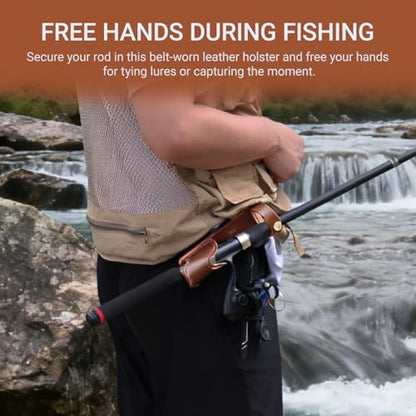 Brown Leather Fishing Rod Holster | Single Slot Belt Mount Carrier for Surf Fishing & Wading | Hands-Free Compatible with Fly Reels and Spinning Reels - color: Dark Brown