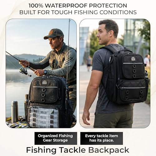 Fishing Backpack with Rod Holders and 4 Tackle Boxes, Waterproof Large Tackle Bag with 6 Pockets, Adjustable Dividers, Reinforced Base, Back Pack with Storage Boxes for Fishing Gear