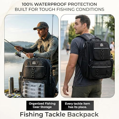 Fishing Backpack with Rod Holders and 4 Tackle Boxes, Waterproof Large Tackle Bag with 6 Pockets, Adjustable Dividers, Reinforced Base, Back Pack with Storage Boxes for Fishing Gear