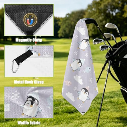 Christmas Penguins Fish Purple Print Magnetic Golf Towel for Golf Bags Microfiber Golf Accessories for Women Men with Carabiner Clip Attaches to Clubs and Carts, 17.7"x17.7"