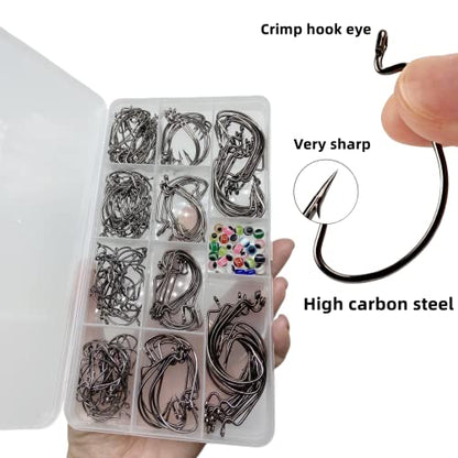 220Pcs/Box 2X Strong High Carbon Steel Worm Fishing Hook,8 Sizes Mixed(5/0,4/0,3/0 2#,4#), Senko Soft Bait Fish Hook Set for Bass,Barded Design,25 Pcs Eye Beads Bait