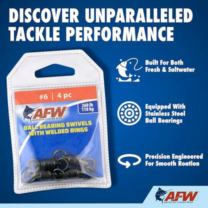 AFW Solid Brass Ball Bearing Fishing Swivels with Double Welded Rings - Patented Bullet Shaped Head for Reduced Water Resistance, Black Finish, Fishing Tackle, Up to 660lb Test