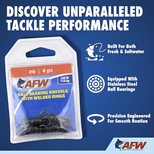 AFW Solid Brass Ball Bearing Fishing Swivels with Double Welded Rings - Patented Bullet Shaped Head for Reduced Water Resistance, Black Finish, Fishing Tackle, Up to 660lb Test