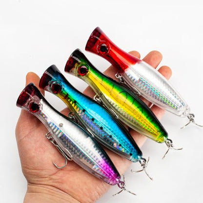 Large Top Water Popper, 4pcs 3D Eyes Tuna Popper, Saltwater Poppers Fishing Lures for Surf Fishing, Bluefish,Fishing Gt Tuna Kingfish Large Predator Fish (4.7IN) (4)