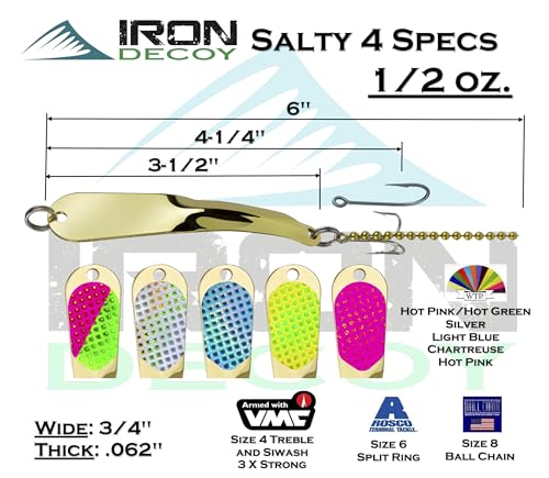 IRON DECOY Salty Fishing Lure Spoon, Saltwater, Casting, Trolling, Jigging, Seatrout, Striped Bass, Mackerel, Snook, Tarpon, Bluefish, Salmon - color: Gold, size: 1/2 OZ