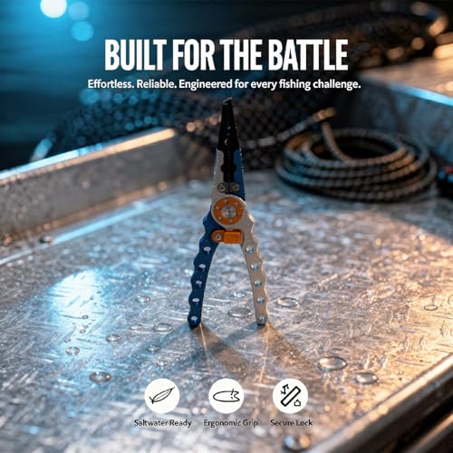 Aluminum Fishing Pliers with Hook Remover, Deep Throat Split Ring Tool, Lightweight Braid Line Cutters, Crimping Sleeves, Anti Lost Lanyard and Nylon Sheath for Saltwater
