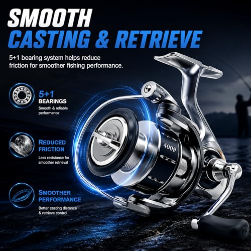 3000 Spinning Reel, 5.2:1 Gear Ratio, CNC Aluminum Spool, 5+1 BB | Lightweight Spinning Reel with 5.2 to 1 Gear Ratio 5 Plus 1 Bearings CNC Aluminum Spool and Reversible Screw In Handle