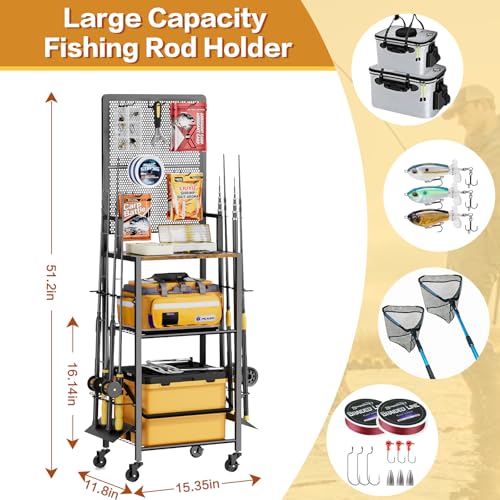 Olakee Fishing Rod Holders, Rolling Fishing Rod Rack for Garage & Boat, Tackle Box & Reel Holder Cart, Easy Assembly Fishing Gear Management System, Ideal Birthday Gift for Men Dad Anglers - color: 8 Rods,Brown