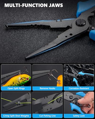 Fishing Tool Kit, Fishing Gear - Fishing Plier with Sheath, Fillet Knife, Fishing Scissors, Fish Lip Gripper, Tool Retractor, Keychain Bottle Opener, Fishing Gifts for Men - color: Blue-4Pcs