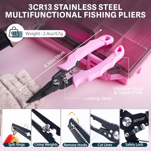 GOTURE Pink Fishing Tackle Box Set, Fishing Kit，12-in-1 Tackle Box Set with Stainless Steel Tools，Lures, Fishing Gift for Women & Beginners (Gift Ready) - color: Gift Boxed, size: Pink Tools Set + Lure Kit + CR-Gloves