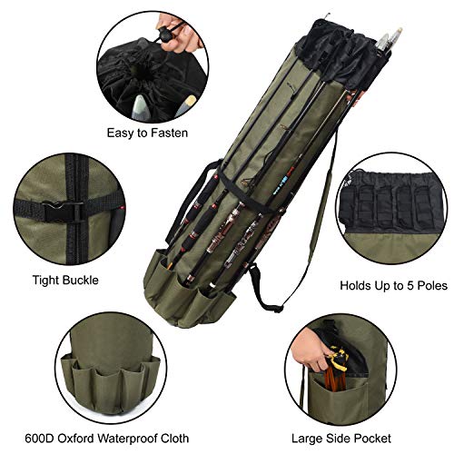 LEADALLWAY Portable Fishing Rod Case - Durable Folding Oxford Fabric Tackle Carry Bag - Multifunction, Large Capacity, Waterproof - Holds 5 Poles