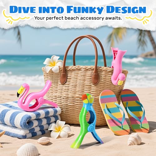 4 Pcs Towel Clips for Beach Chairs, Jumbo Size Beach Towel Clips Windproof Grip Secure Hang Towel Holder Clothes Pins Decorative Towel Clips for Pool, Cruise, Patio, Holiday Travel(Flamingo,Parrot) - style: Style:Flamingo+Parrot