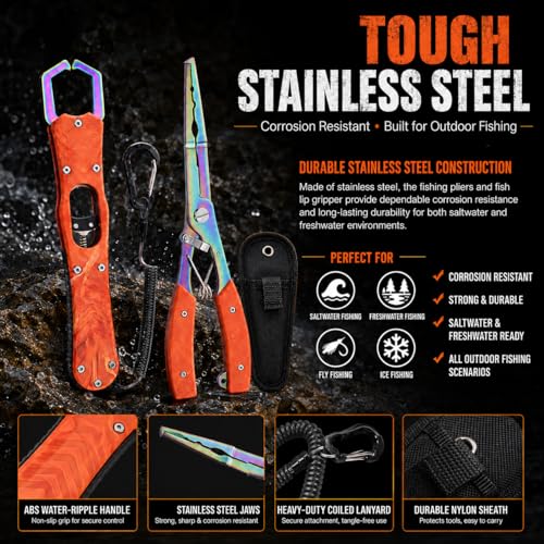YINEE Fishing Pliers and Fish Lip Gripper Set, Stainless Steel Fishing Gear, Saltwater Hook Remover Split Ring Tool - color: Orange-Fishing Pliers&Fish Lip Grippe